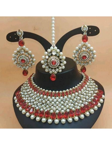 Parure Bijoux indiens Argenté Meena Rouge  - 1