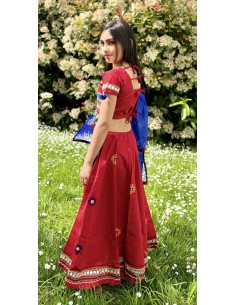 Lehenga choli sari fille Boheme doré Rouge  - 1 2
