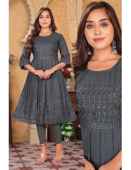 Tunique indienne Karishma Golden brodé kurti Gris/vert  - 1