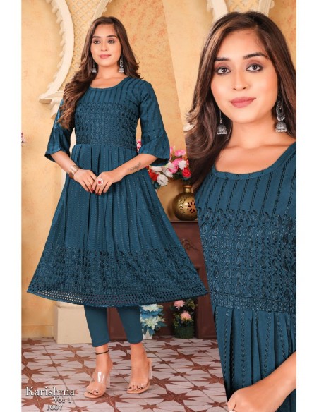 Tunique indienne Karishma Golden brodé kurti Bleu marine  - 1