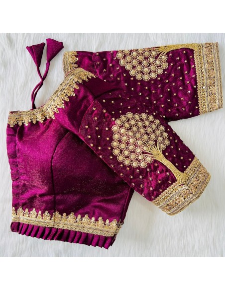 Choli saree bollywood haut sari prune doré  - 1