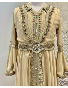 Caftan enfant manches cape beige nude et dore  - 1 2