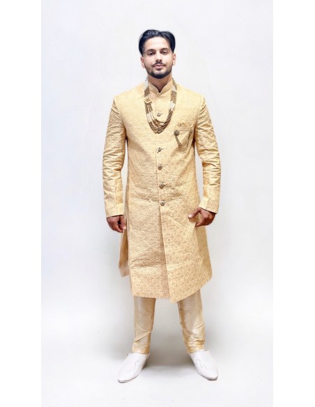Sherwani Kurta Homme marié complet haute gamme Maharaja Beige  - 2
