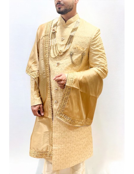 Sherwani Kurta Homme marié complet haute gamme Maharaja Beige  - 3