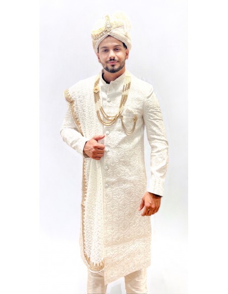 Sherwani Kurta Homme marié complet haute gamme Maharaja Blanc  - 2