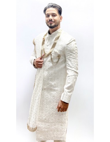 Sherwani Kurta Homme marié complet haute gamme Maharaja Blanc  - 3