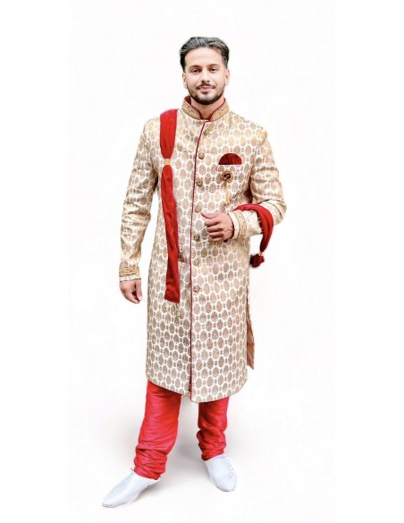 Sherwani Kurta Sultan Homme haute gamme beige rouge JUI23  - 1