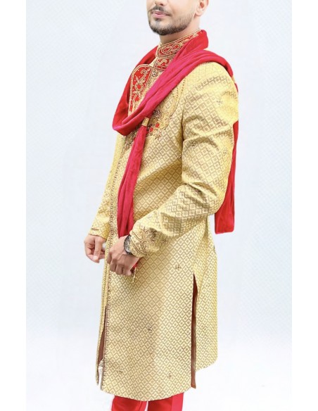 Sherwani Kurta Sultan Homme haute gamme beige rouge JUI23  - 1