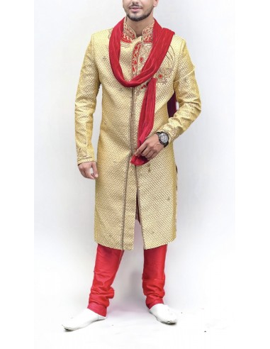 Sherwani Kurta Sultan Homme haute gamme beige rouge JUI23  - 2