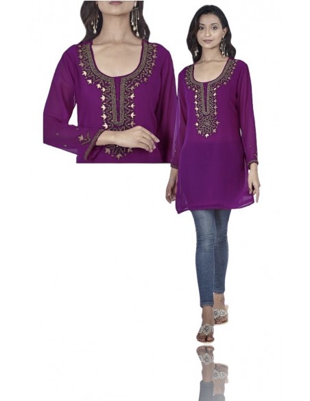 Tunique kurti indienne ethnique perlé prune/violet et doré  - 1