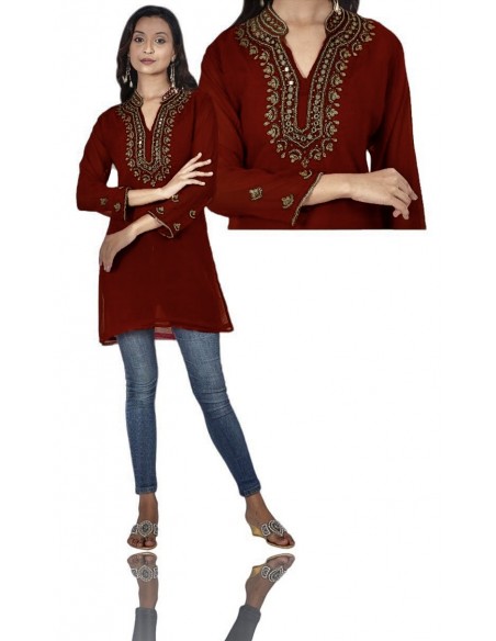 Tunique kurti indienne ethnique perlé bordeaux et doré  - 1