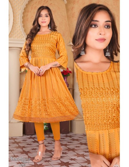 Tunique indienne Karishma Golden brodé kurti jaune  - 1