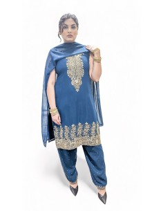Robe indienne Salwar Kameez perlé Bleu vert et doré  - 1