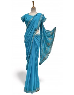Sari indien perlé bleu ciel et argenté pavitra  - 1