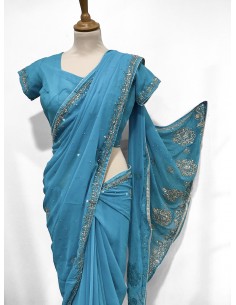 Sari indien perlé bleu ciel et argenté pavitra  - 1 2