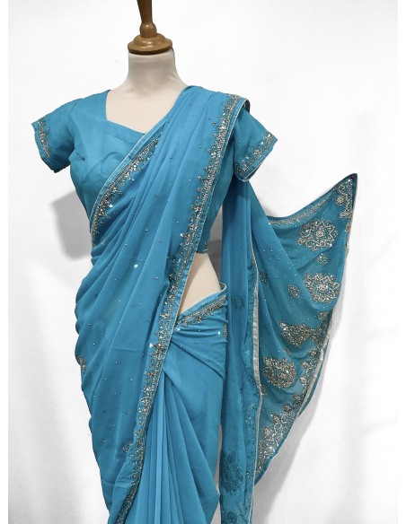 Sari indien perlé bleu ciel et argenté pavitra  - 2