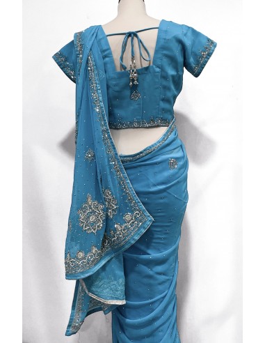 Sari indien perlé bleu ciel et argenté pavitra  - 3