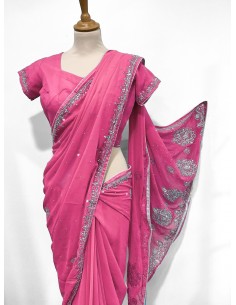 Sari indien perlé rose corail et argenté pavitra  - 1 2