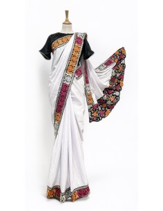 Sari indien rajakumari silk blanc et fleuries  - 1