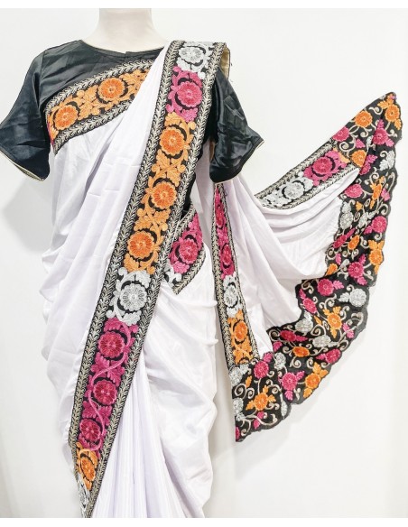 Sari indien rajakumari silk blanc et fleuries  - 2