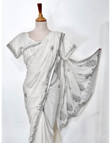 Sari indien perlé blanc et argenté pavitra  - 1
