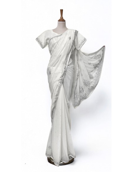 Sari indien perlé blanc et argenté pavitra  - 2