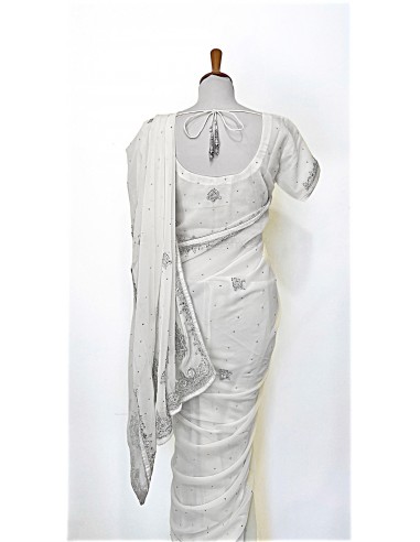 Sari indien perlé blanc et argenté pavitra  - 3