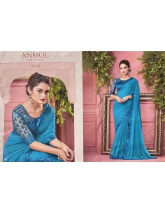 Sari indien Anmol prêt à porter Turquoise  - 1 2