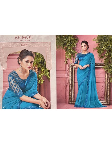 Sari indien Anmol prêt à porter Turquoise  - 2