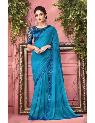 Sari indien Anmol prêt à porter Turquoise  - 1