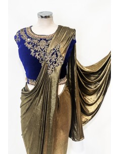 Sari Lycra prêt à porter bleu nuit et or  - 1 2