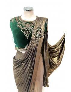 Sari Lycra prêt à porter vert émeraude et or  - 1 2