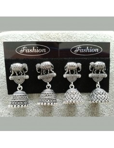 Jhumka Boucle d'oreille indienne ethnique éléphant argenté  - 1 2