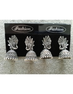 Jhumka Boucle d'oreille indienne ethnique paon argenté  - 1 2
