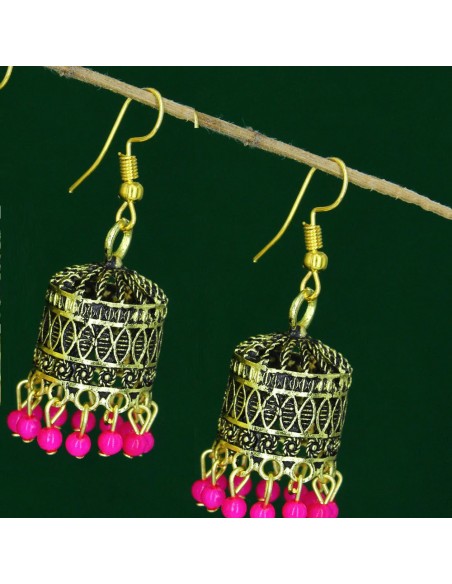 Boucles d’oreilles indiens jhumka doré et rose  - 1