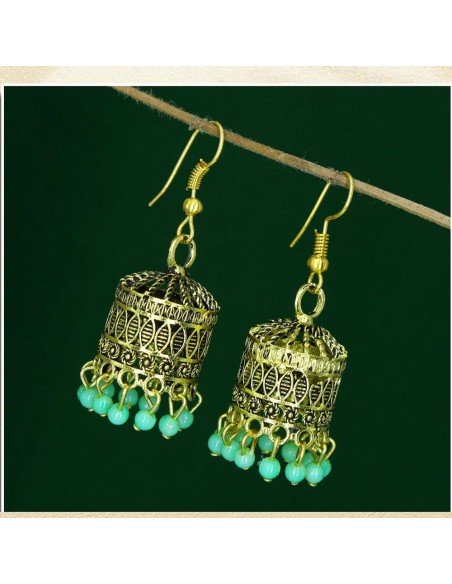 Boucles d’oreilles indiens jhumka doré et Bleu vert  - 1