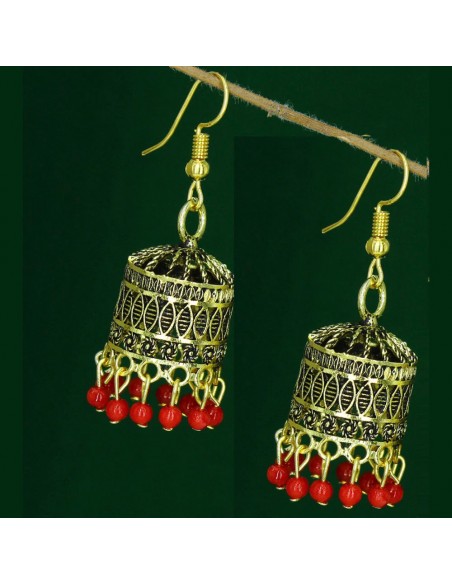 Boucles d’oreilles indiens jhumka doré et rouge  - 1