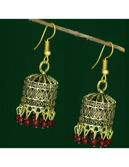 Boucles d’oreilles indiens jhumka doré et rouge bordeaux  - 1