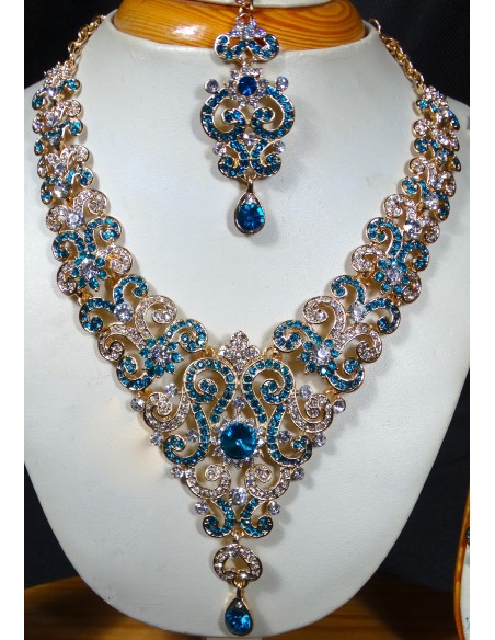 Parure Bijoux indiens Meena bleu turquoise et doré  - 3