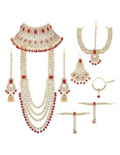 Parure bijoux indienne kundan rouge doré  - 1