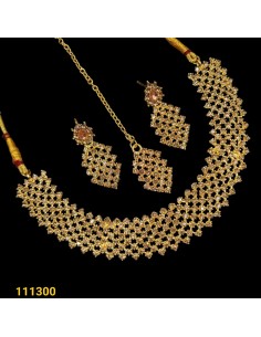 Parure Bijoux collier indienne doré ambre rose  - 1