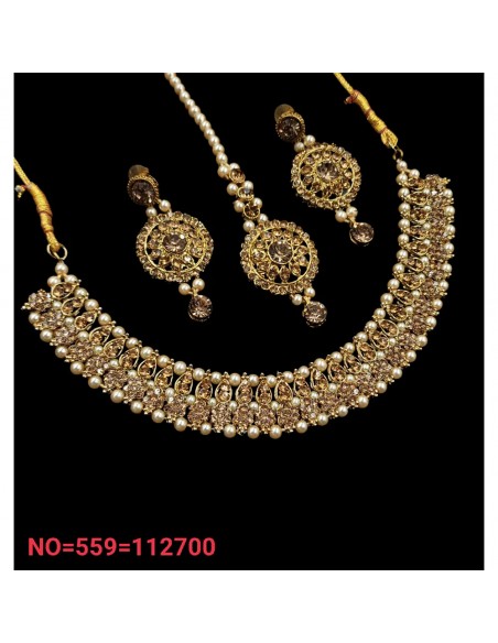 Parure Bijoux collier indienne doré ambre choker  - 1