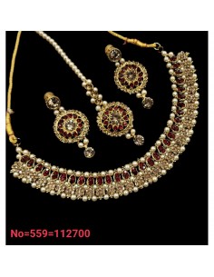 Parure Bijoux collier indienne doré ambre rouge choker  - 1