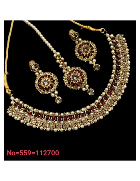Parure Bijoux collier indienne doré ambre rouge choker  - 1